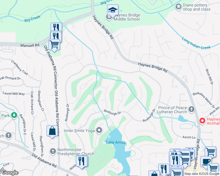 map of restaurants, bars, coffee shops, grocery stores, and more near 10305 Crescent Ridge Drive in Roswell