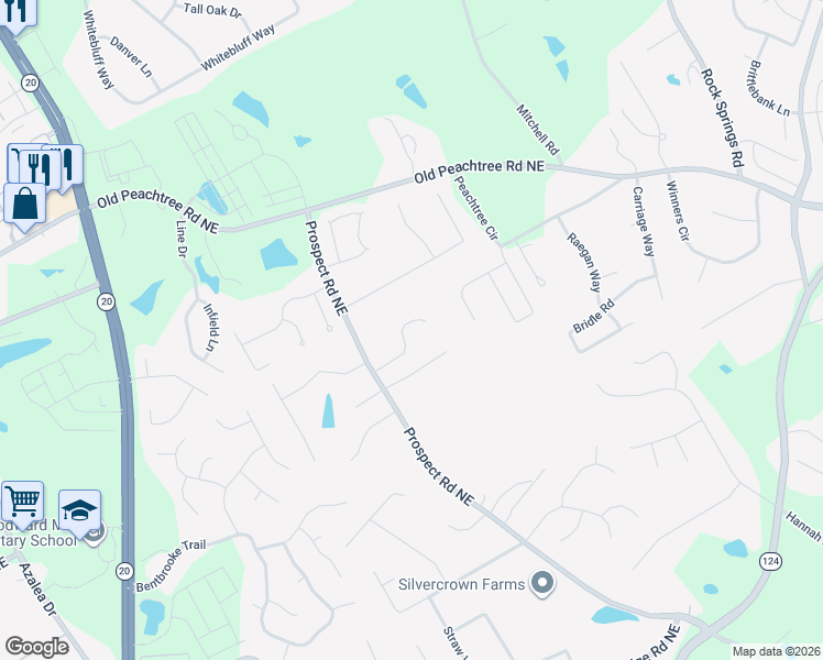 map of restaurants, bars, coffee shops, grocery stores, and more near 1420 Barrett Place Lane Northeast in Lawrenceville