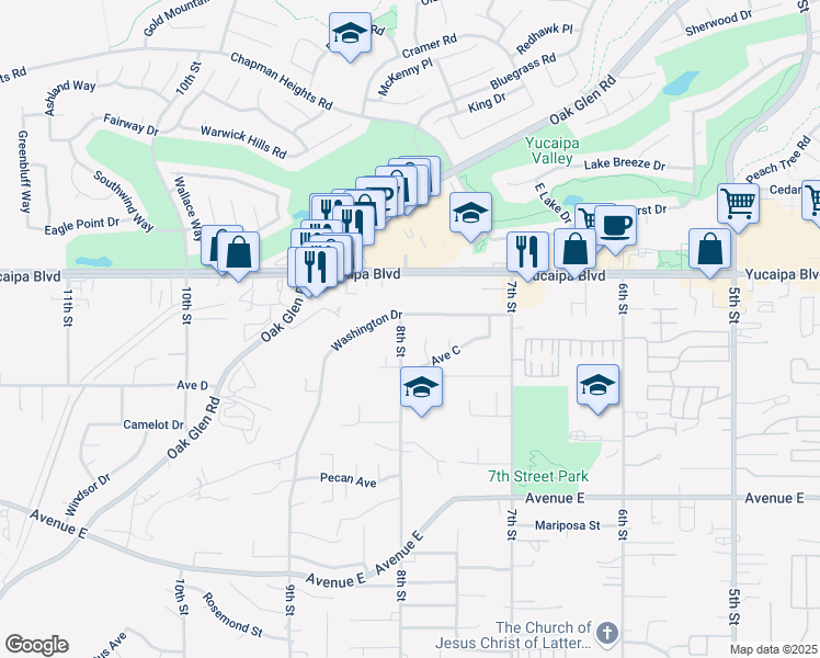 map of restaurants, bars, coffee shops, grocery stores, and more near 12203 8th Street in Yucaipa