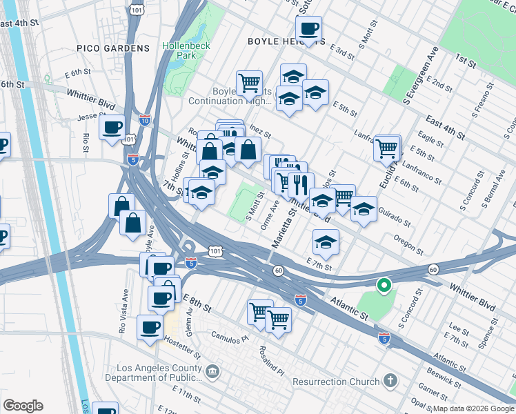 map of restaurants, bars, coffee shops, grocery stores, and more near 932 South Mott Street in Los Angeles