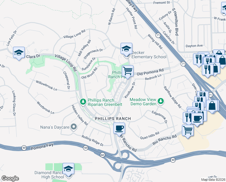 map of restaurants, bars, coffee shops, grocery stores, and more near 19 Country Glen Street in Pomona