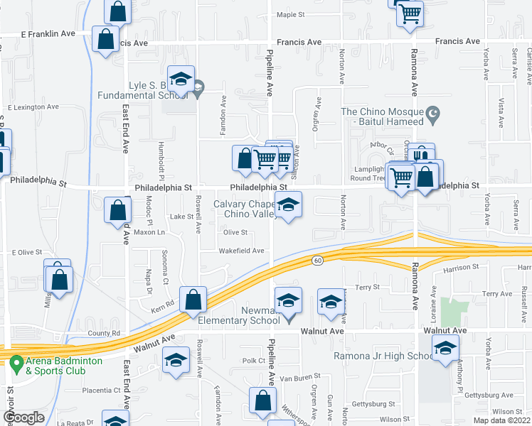 map of restaurants, bars, coffee shops, grocery stores, and more near 12167 Olive Place in Chino