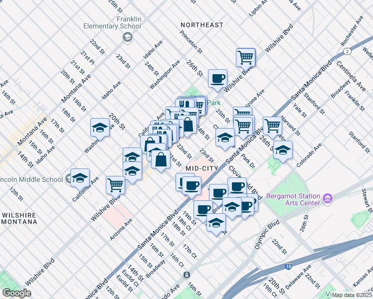 map of restaurants, bars, coffee shops, grocery stores, and more near 1233 22nd Street in Santa Monica