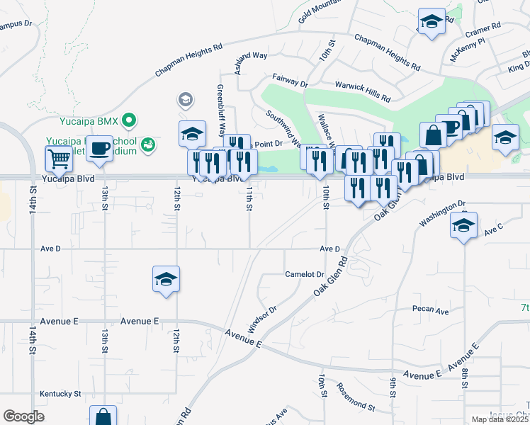 map of restaurants, bars, coffee shops, grocery stores, and more near 12197 11th Street in Yucaipa