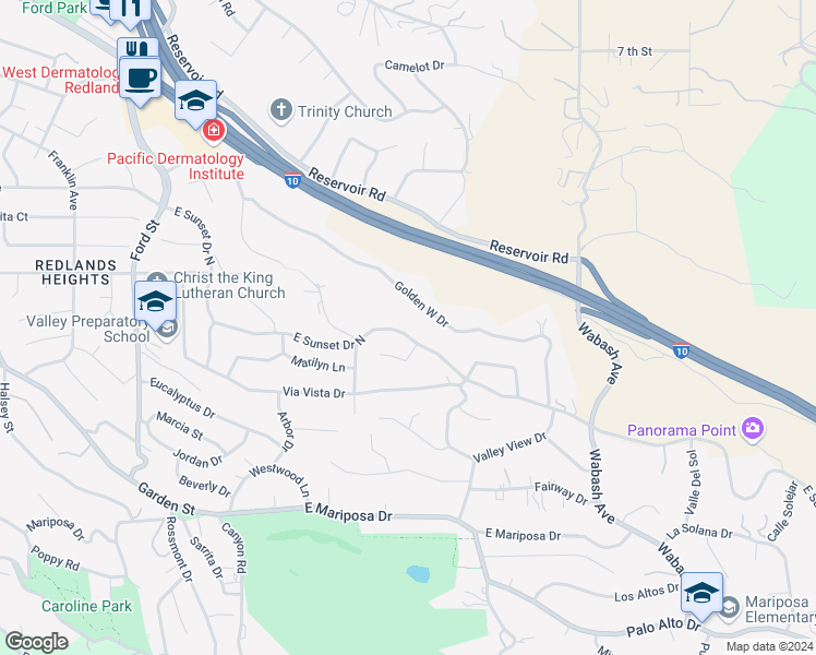 map of restaurants, bars, coffee shops, grocery stores, and more near 611 East Sunset Drive North in Redlands