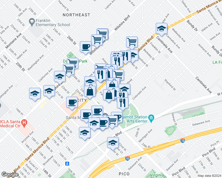 map of restaurants, bars, coffee shops, grocery stores, and more near 1433 25th Street in Santa Monica