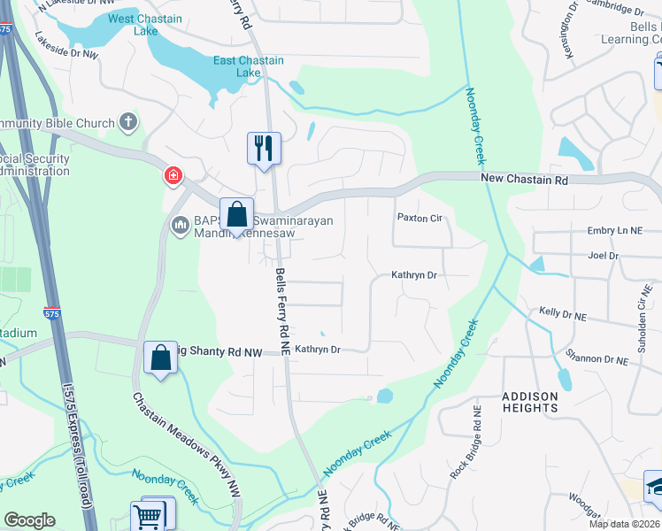 map of restaurants, bars, coffee shops, grocery stores, and more near 3340 Chastain Crossing Northeast in Marietta