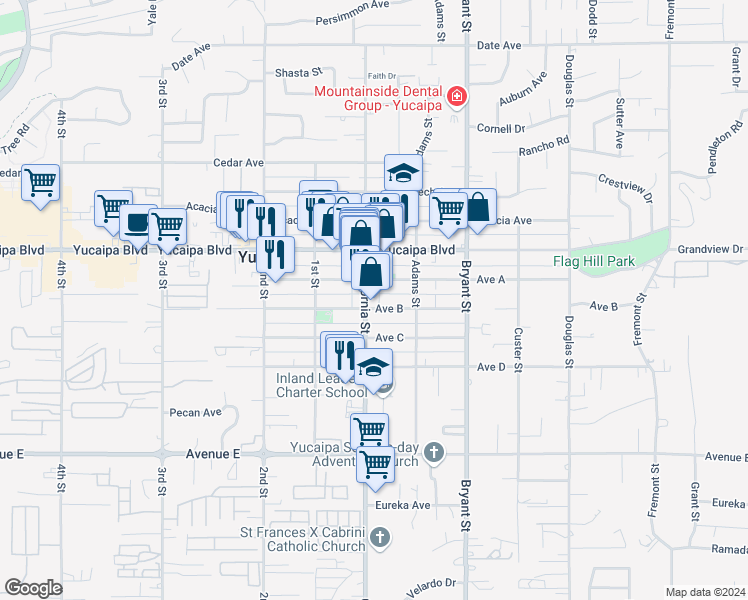 map of restaurants, bars, coffee shops, grocery stores, and more near 12197 California Street in Yucaipa