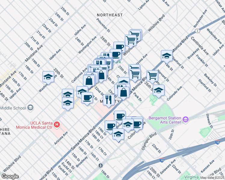 map of restaurants, bars, coffee shops, grocery stores, and more near 2306 Arizona Avenue in Santa Monica