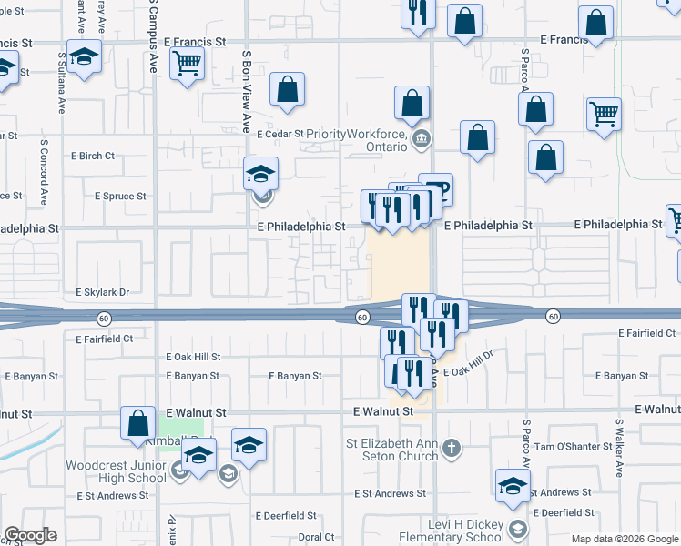 map of restaurants, bars, coffee shops, grocery stores, and more near 2310 South Cucamonga Avenue in Ontario