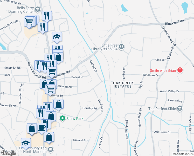 map of restaurants, bars, coffee shops, grocery stores, and more near 3339 Sanford Drive in Marietta