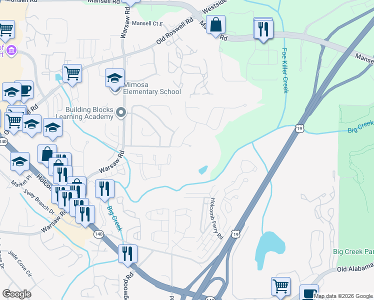map of restaurants, bars, coffee shops, grocery stores, and more near 1275 Mission Hills Court in Roswell