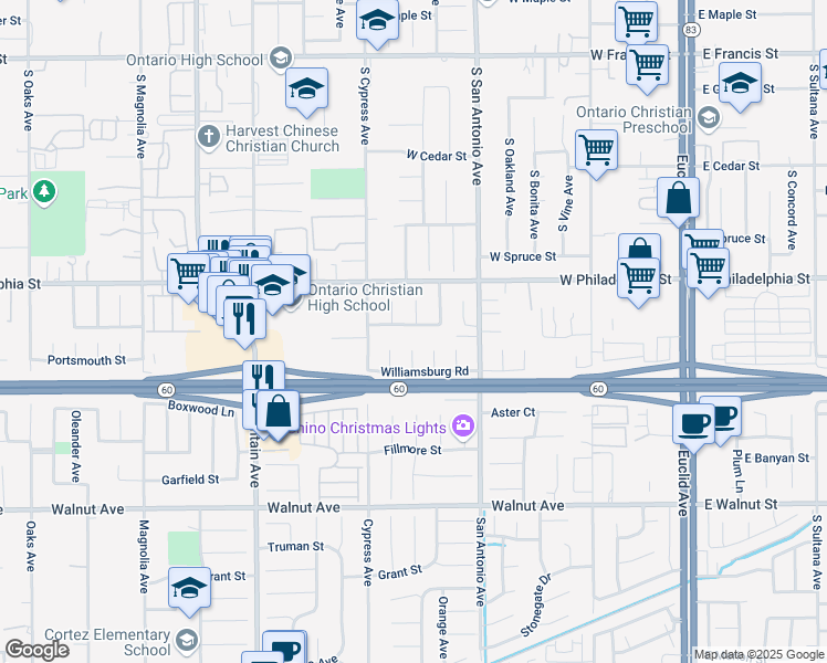 map of restaurants, bars, coffee shops, grocery stores, and more near 705 West Monticello Street in Ontario