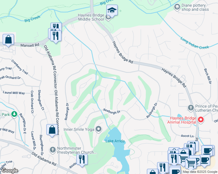 map of restaurants, bars, coffee shops, grocery stores, and more near 10305 Crescent Ridge Drive in Roswell