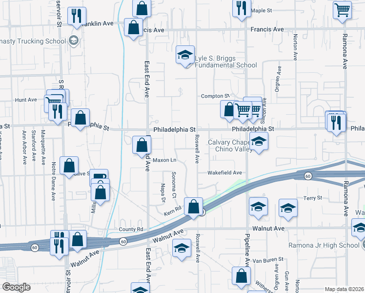 map of restaurants, bars, coffee shops, grocery stores, and more near 12175 Humboldt Place in Chino