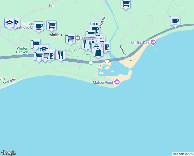 map of restaurants, bars, coffee shops, grocery stores, and more near 23457 Malibu Colony Road in Malibu