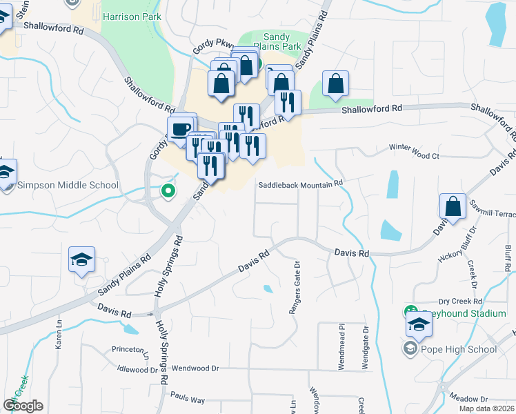 map of restaurants, bars, coffee shops, grocery stores, and more near 3344 Hunters Lodge Road in Marietta