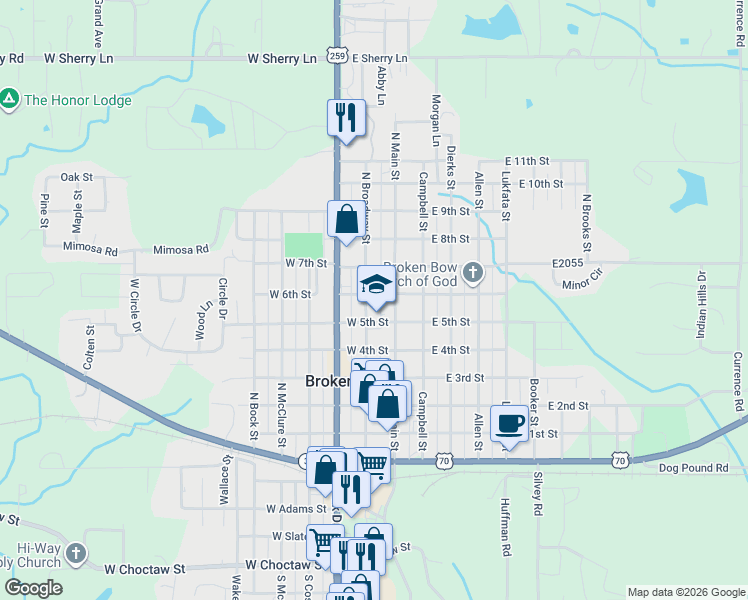 map of restaurants, bars, coffee shops, grocery stores, and more near 505 North Broadway Street in Broken Bow