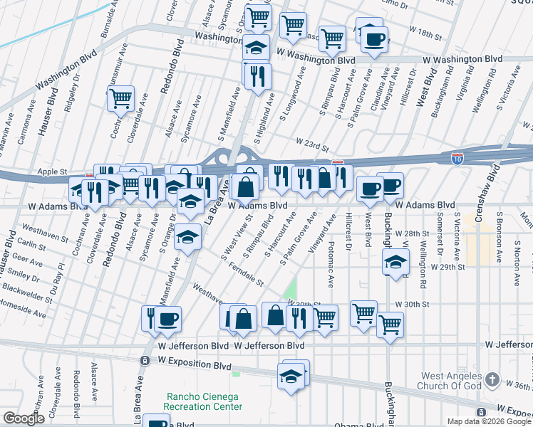 map of restaurants, bars, coffee shops, grocery stores, and more near 2619 South Rimpau Boulevard in Los Angeles