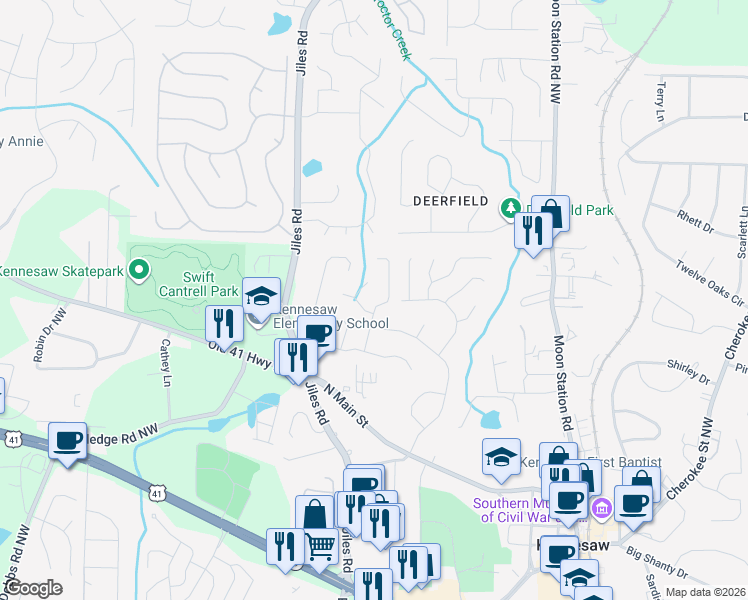 map of restaurants, bars, coffee shops, grocery stores, and more near 1157 Mountain Springs Drive in Kennesaw