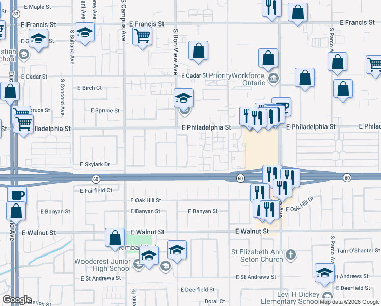 map of restaurants, bars, coffee shops, grocery stores, and more near 925 Shearwater Street in Ontario