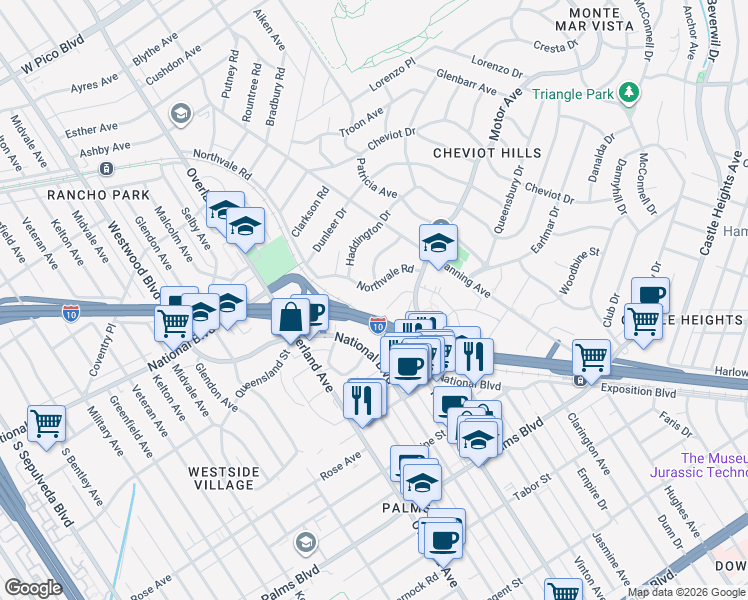 map of restaurants, bars, coffee shops, grocery stores, and more near 10356 Northvale Road in Los Angeles