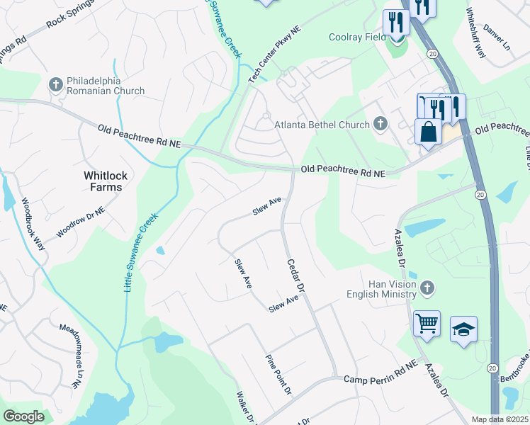 map of restaurants, bars, coffee shops, grocery stores, and more near 458 Slew Avenue in Lawrenceville