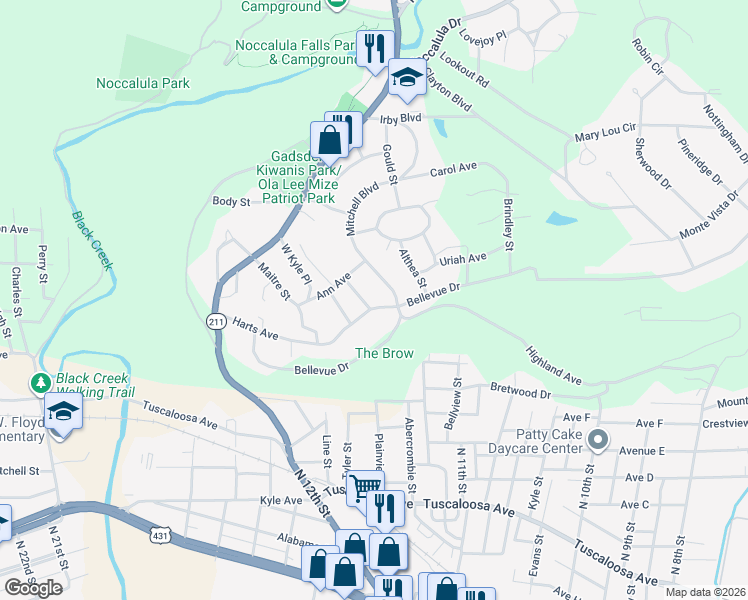 map of restaurants, bars, coffee shops, grocery stores, and more near 116 Helen Street in Gadsden
