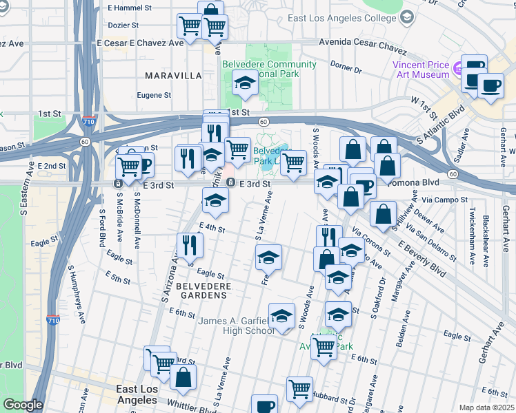 map of restaurants, bars, coffee shops, grocery stores, and more near 4924 Gratian Street in East Los Angeles