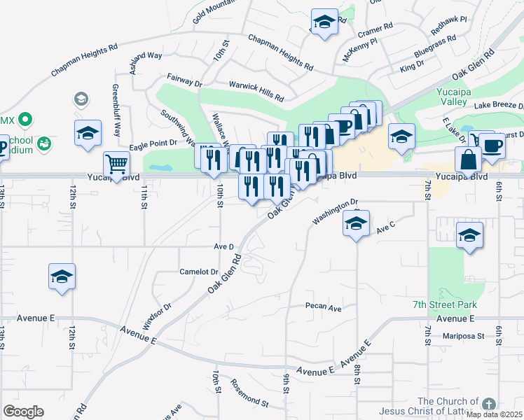 map of restaurants, bars, coffee shops, grocery stores, and more near 33490 Oak Glen Road in Yucaipa