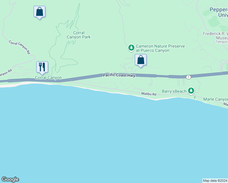 map of restaurants, bars, coffee shops, grocery stores, and more near 25250 Malibu Road in Malibu