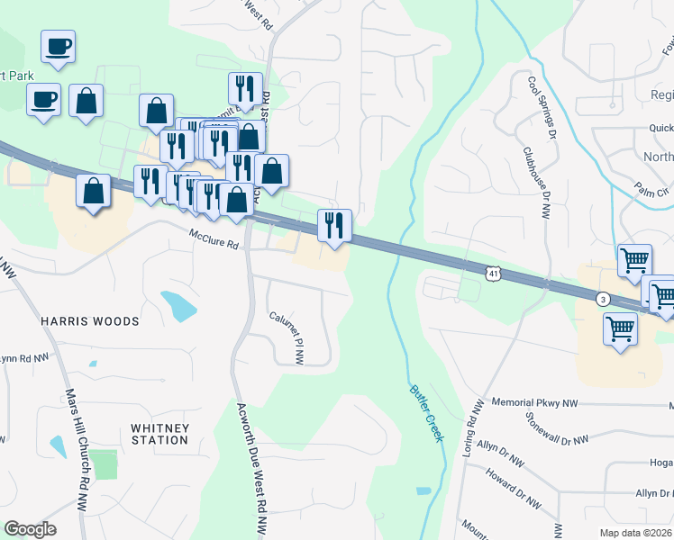 map of restaurants, bars, coffee shops, grocery stores, and more near 3149 Cobb Parkway Northwest in Kennesaw