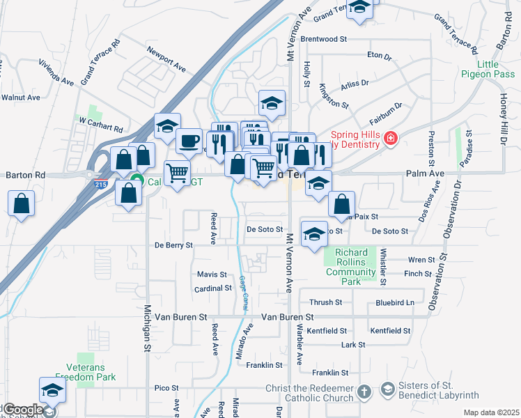map of restaurants, bars, coffee shops, grocery stores, and more near 12168 Mount Vernon Avenue in Grand Terrace