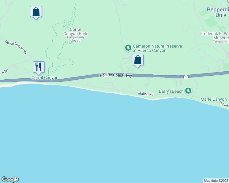 map of restaurants, bars, coffee shops, grocery stores, and more near 25234 Malibu Road in Malibu