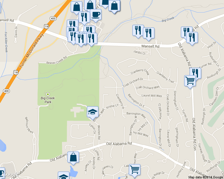 map of restaurants, bars, coffee shops, grocery stores, and more near 910 Crab Orchard Drive in Roswell