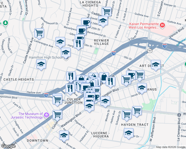 map of restaurants, bars, coffee shops, grocery stores, and more near 3126 Vera Avenue in Los Angeles