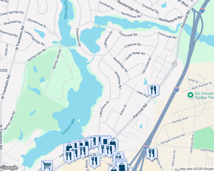 map of restaurants, bars, coffee shops, grocery stores, and more near 5905 Lakeshore Drive in Columbia