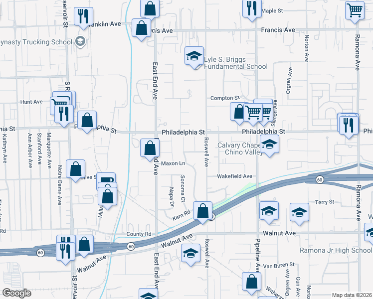 map of restaurants, bars, coffee shops, grocery stores, and more near 12175 Humboldt Place in Chino
