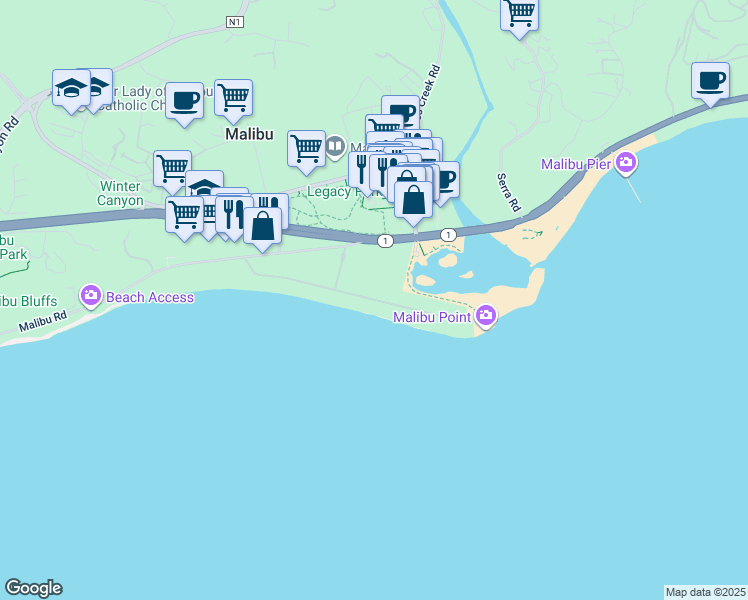 map of restaurants, bars, coffee shops, grocery stores, and more near Malibu Colony Road in Malibu
