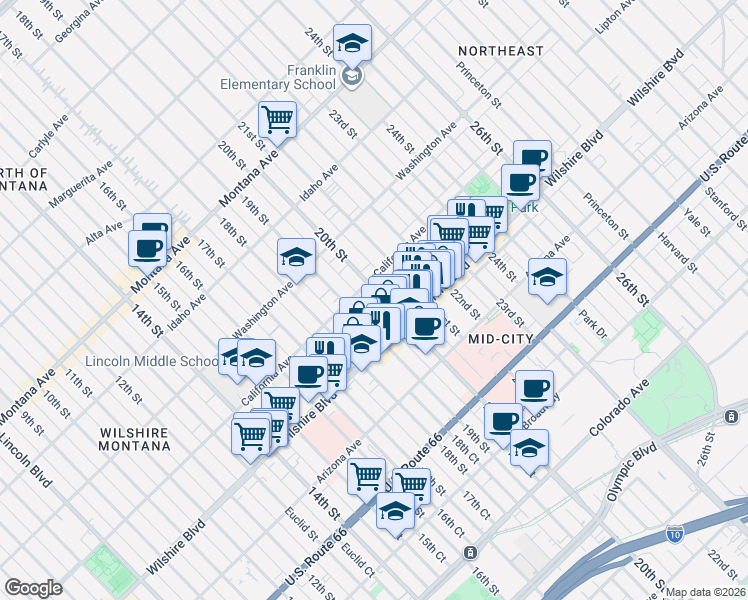 map of restaurants, bars, coffee shops, grocery stores, and more near 1118 20th Street in Santa Monica