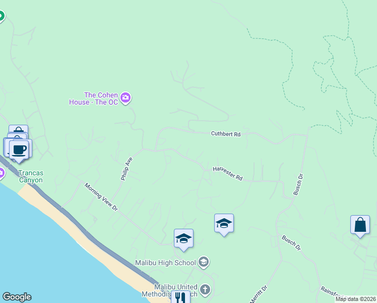 map of restaurants, bars, coffee shops, grocery stores, and more near 30069 Harvester Road in Malibu