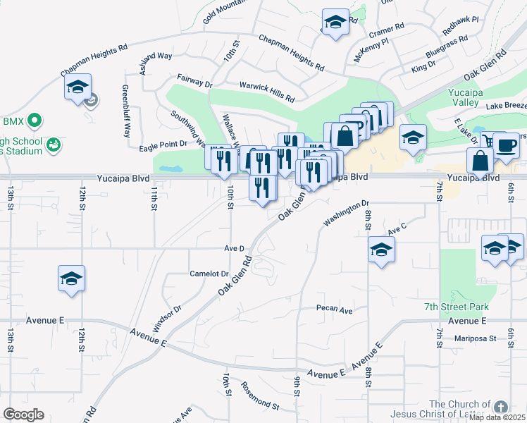 map of restaurants, bars, coffee shops, grocery stores, and more near 33490 Oak Glen Road in Yucaipa