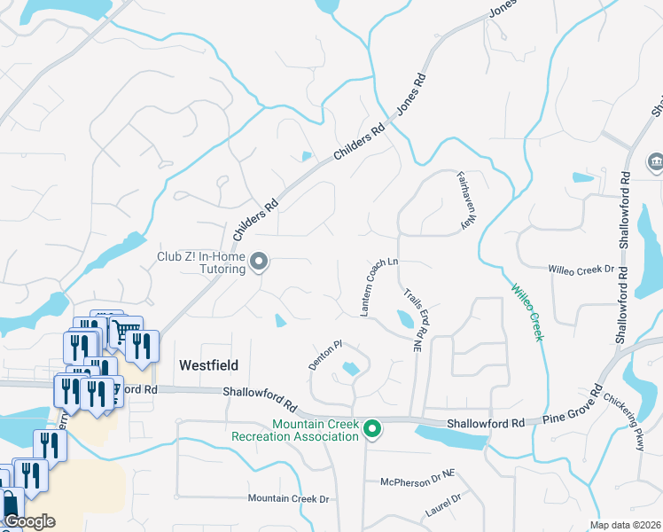 map of restaurants, bars, coffee shops, grocery stores, and more near 3291 Coachmans Way in Roswell