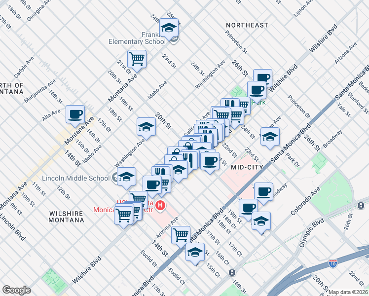 map of restaurants, bars, coffee shops, grocery stores, and more near 1107 19th Street in Santa Monica