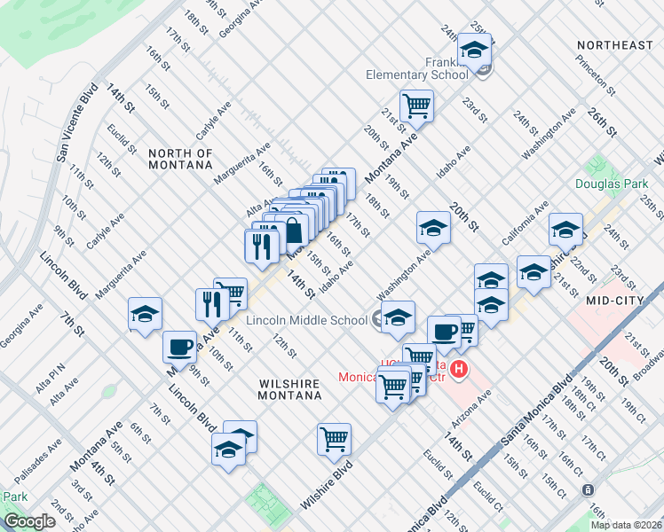 map of restaurants, bars, coffee shops, grocery stores, and more near 1505 Idaho Avenue in Santa Monica
