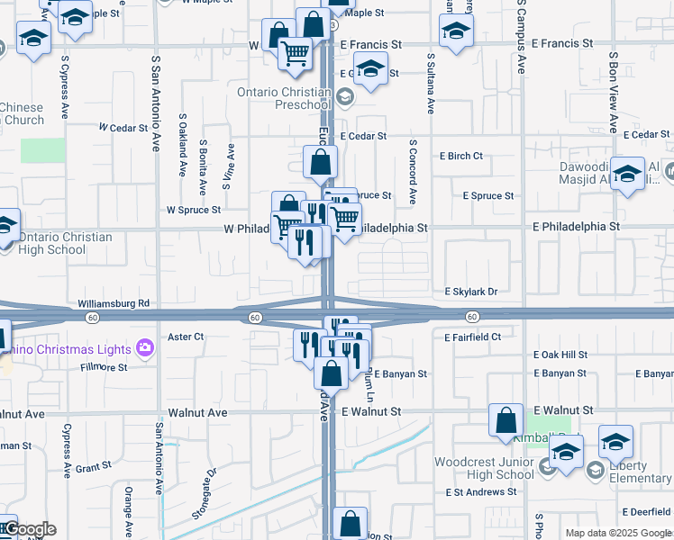 map of restaurants, bars, coffee shops, grocery stores, and more near 2324 Euclid Avenue in Ontario