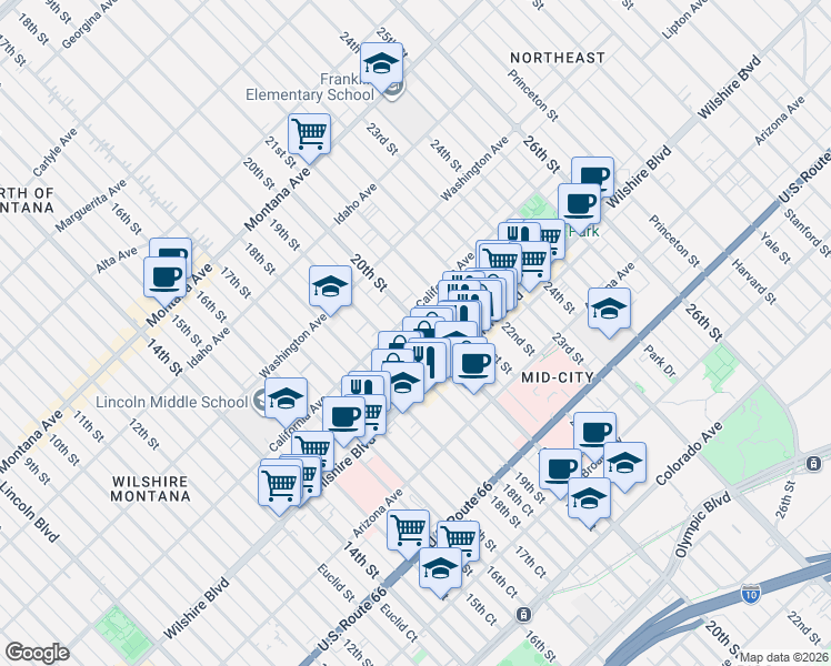 map of restaurants, bars, coffee shops, grocery stores, and more near 1118 20th Street in Santa Monica