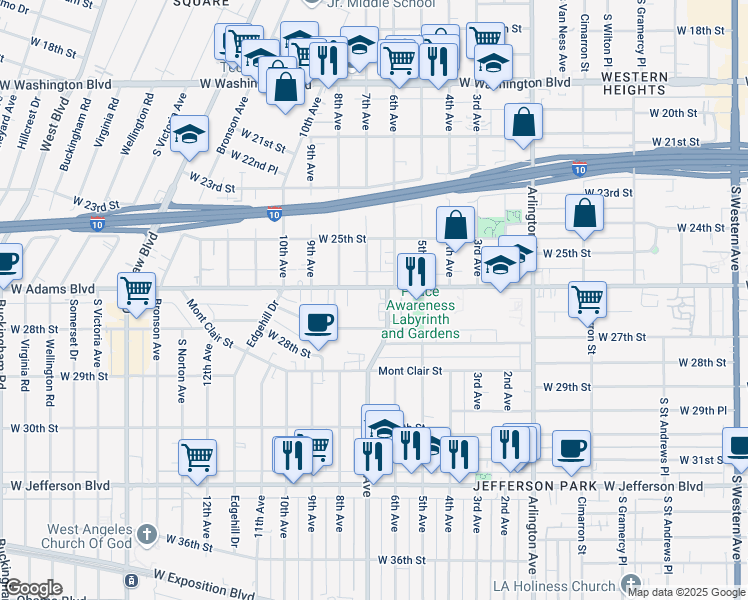 map of restaurants, bars, coffee shops, grocery stores, and more near 3616 West Adams Boulevard in Los Angeles