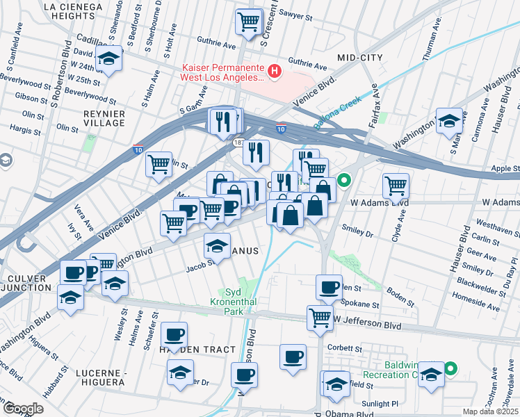 map of restaurants, bars, coffee shops, grocery stores, and more near 5963 Washington Boulevard in Culver City