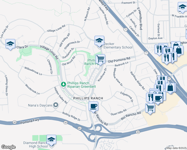 map of restaurants, bars, coffee shops, grocery stores, and more near 8 Vista Court in Pomona